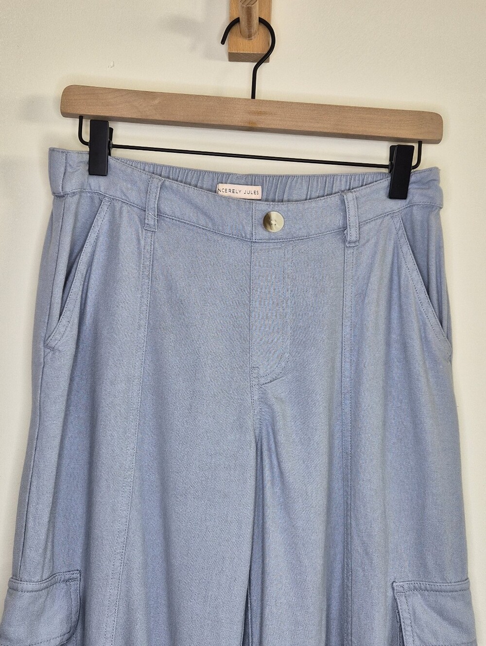 Sincerely Jules Light Blue Linen Blend Cargo Wide Leg Pants Size Small - Picture 6 of 13